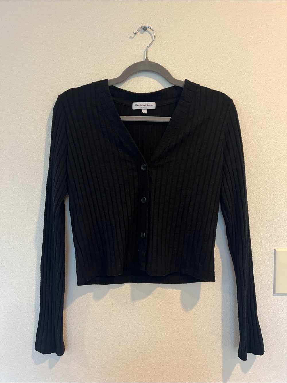 Michael Stars Black Ribbed Button-Front Crop Shirt